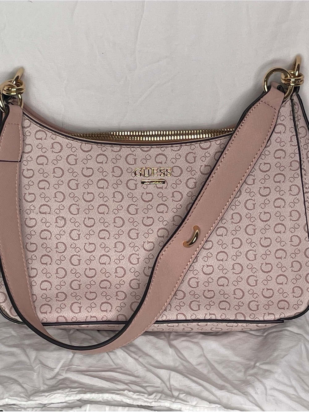 Authentic GUESS Monogram Shoulder Bag – Blush Pink & Tan